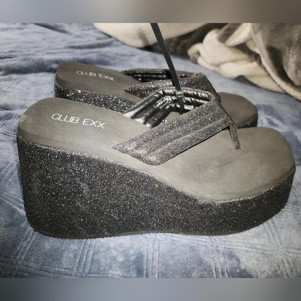 Dolls Kill Club EXX Black Glitter Platform Sandals